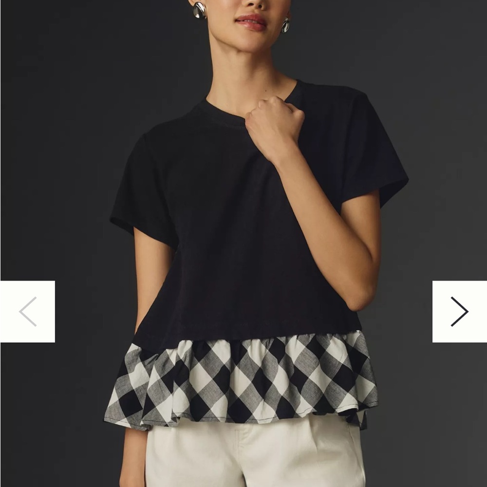 Anthropologie Maeve Black and White Gingham Peplum Short Sleeve Tee NWOT